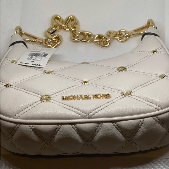 MICHAEL KORS MINI ZIP POUCHETTE NWT WITH GOLD STUDDED/MK HARDWARE CHAIN STRAP. - Picture 9 of 12